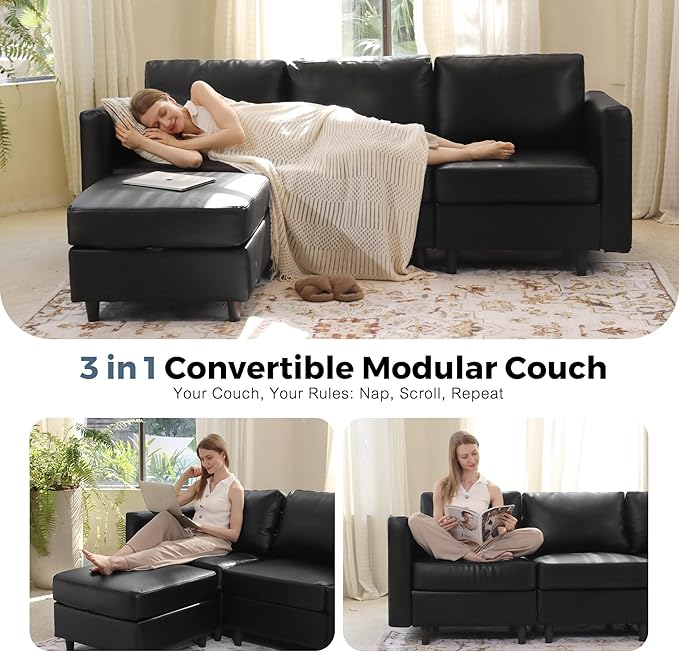 118.5" Faux Leather Modular Sectional Sofa with Storage Seat, Oversized 4 Seater Couch Deep Seat with Removable Cover Black
