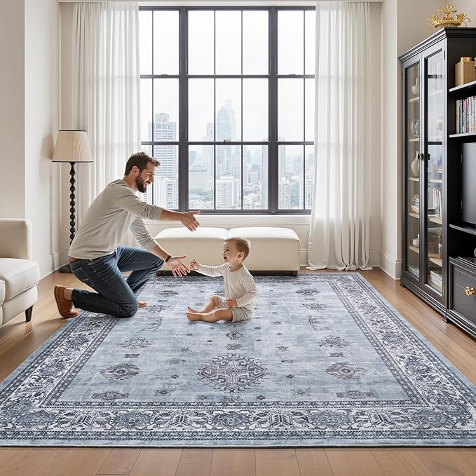 AMOAMI-Vintage Area Rug 8X10 Blue Rugs for Living Room-Soft Living Room Rug Non Slip Rugs for Bedroom Carpet Machine Washable Rug for Dining Room Bedside Office Room Decor