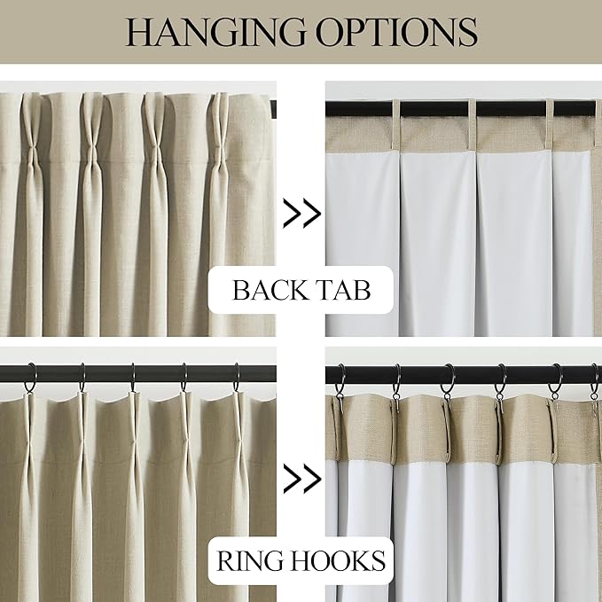 Vision Home Sand Pinch Pleated Full Blackout Curtains Linen Blended Room Darkening Window Curtains 63 inch for Living Room Bedroom Thermal Insulated Pinch Pleat Drapes with Hooks 2 Panel 40" Wx63 L