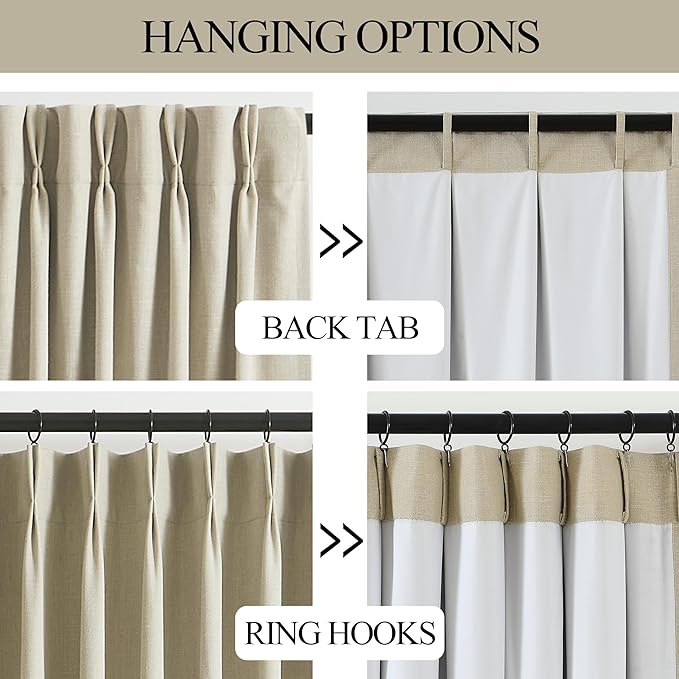 Vision Home Sand Pinch Pleated Full Blackout Curtains Linen Blended Room Darkening Window Curtains 112 inch for Living Room Bedroom Thermal Insulated Pinch Pleat Drapes with Hooks 60" Wx112 Lx1