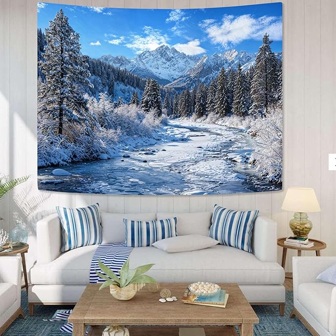 AMM Winter Forest Snow Mountain Tapestry Snowy Pine Tree Woodland Tapestry for Bedroom Aesthetic White Clouds Flowing River Landscape Tapestries Wall Hanging for Living Room Dorm Office 80 x 60 Inch