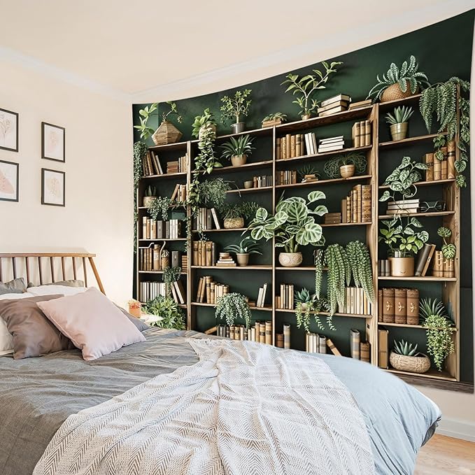 HVEST Green Plant Bookshelf Tapestry Book on Bookshelf and Plant Potted Tapestry Wall Hanging Reading Wall Decor for Study Room Bedroom Living Room College Dorm, 70.9L x 92.5W Inches