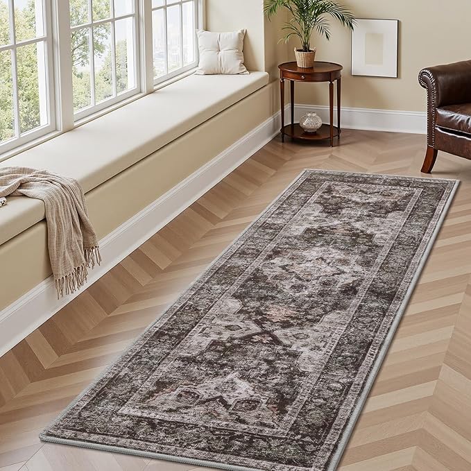 AMOAMI-2X6 Runner Rug-Washable Runners for Hallways-Soft Non Slip Bedside Rugs for Bedroom-Vintage Long Rug for Hallways Entryway Laundry Room Stair Kitchen Bathroom Brick/Brown