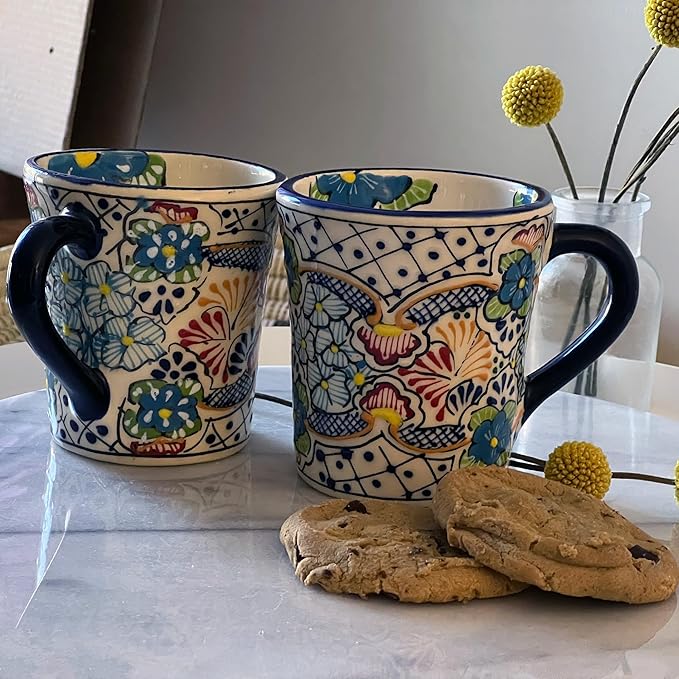 Encantada Handmade Hand-Painted Authentic Mexican Pottery Mugs (Multi Blue Green)