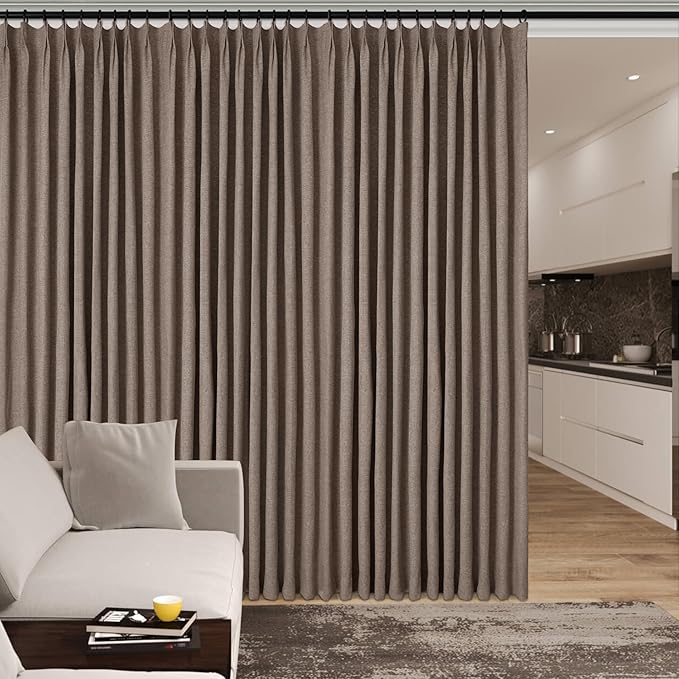 Extra Wide 100% Blackout Linen Textured Curtains - Room Dividers, W200 x L96 (1 Panel), Pinch Pleat Drapes for Living Room, Full Light Block Out Drapery for Sliding Door, Light Brown