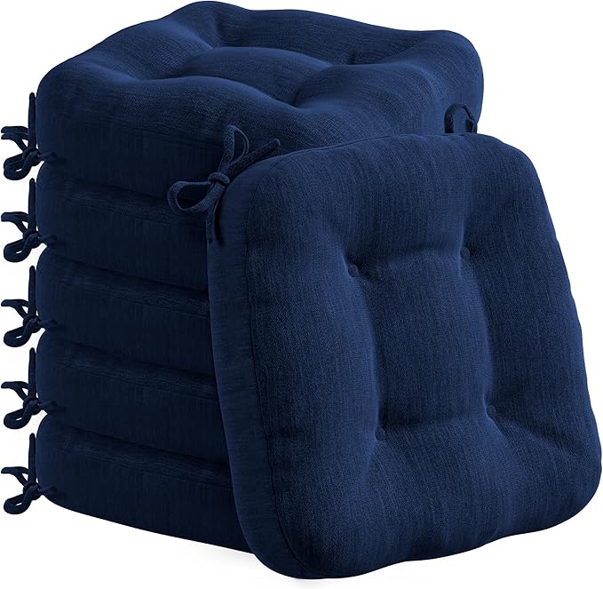 Codi 6 Pack Dining Chair Cushions, Thick Chairs Pads for Indoor Kitchen Room - Washable, Non-Slip Seat Cushion with Ties, 16.5"x16.5"x 3.5", Set of 6, Navy