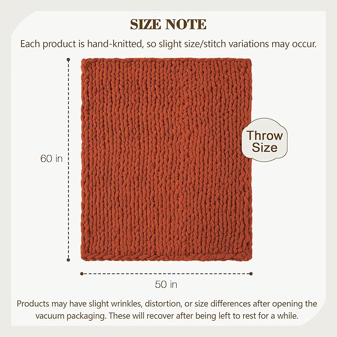 Carriediosa Chunky Knit Throw Blanket 50" X 60", 100% Hand Made Large Chenille Loop Yarn Soft Fluffy Throws for Couch Sofa Bed, Big Crochet Cozy Heavy Thick Cable Woven Blankets, Rust