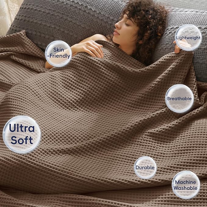 PHF Ultra Soft Waffle Weave Blanket Twin Size 66"x 90"- Washed Lightweight Breathable Cozy Woven Blanket for Bed - Aesthetic Decor for Couch Bedding Sofa Home Car - Cocoa Brown