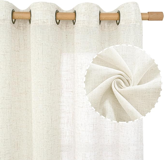 LAMIT Sheer Linen Curtains 63 inches Long for Bedroom, Bronze Grommet Linen Drapes Light Filtering Semi Sheer Curtains for Small Window/Farmhouse, 2 Panels (52 x 63 Inch, Cream)