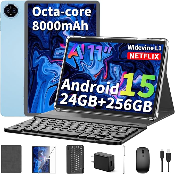 2025 11 inch Tablet, Android 15 Tablets with Keyboard, 24GB+256GB+2TB Expand, Octa-Core, 8000mAh, Tablet PC with 5G/2.4G WiFi, BT5.0, GMS, GPS, 2 in 1 Tablets with Case, Mouse, Stylus(Silver Case)