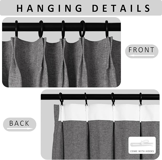 Macochico Pinch Pleated Full Blackout Curtains for Bedroom Living Room Natural Grey Linen Curtains Thermal Insulated and Noise Reducing Window Panels with Tieback Shabby Chic Decor 84”Wx84”L 1 Panel