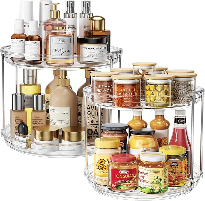 2 Pack 2 Tier Lazy Susan Organizer, 9.25'' Lazy Susan Turntable for Cabinet, Stackable Turntable Organizer Rotating Spice Rack Organization for Kitchen Countertop, Pantry, Bathroom, Clear