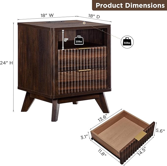 T4TREAM Fluted Nightstand with Charging Station, 18" Modern Side Table, 2 Drawers End Table with Storage, Bedside Table for Bedroom, Living Room, Curved Profile Design, Dark Walnut