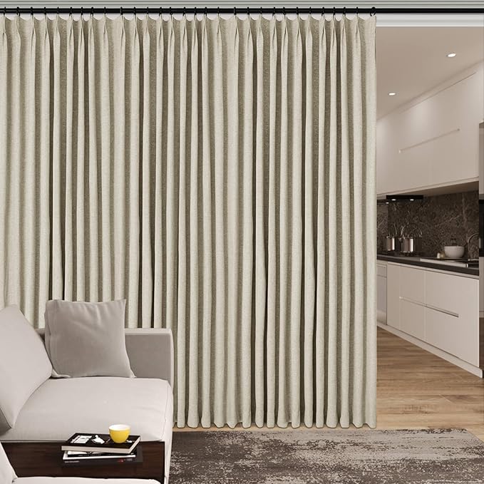 100% Blackout Linen Textured Drapes for Bedroom Pinch Pleated Curtains for Track System Portable Drapery for Sliding Glass Door/Storage/Space Room Divider, 70" Wx96 L, 1 PC, Beige