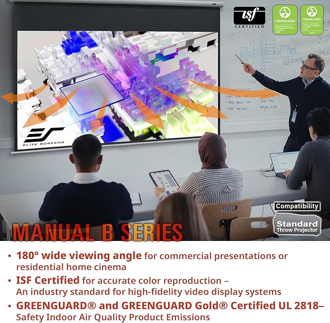 Elite Screens Manual B, 120-INCH 4:3, Manual Pull Down Projector Screen 4K / 8K Ultra HDR 3D Ready with Slow Retract Mechanism, 2-YEAR WARRANTY, M120V