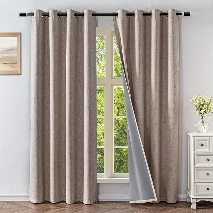 Blackout Curtains 108 Inches Long 2 Panels Set, 100% Black Out Textured Thermal Curtains, Grommet Privacy Light Blocking Drapes for Living Room Bedroom Luxury Decor(52W × 108L inch, Beige)