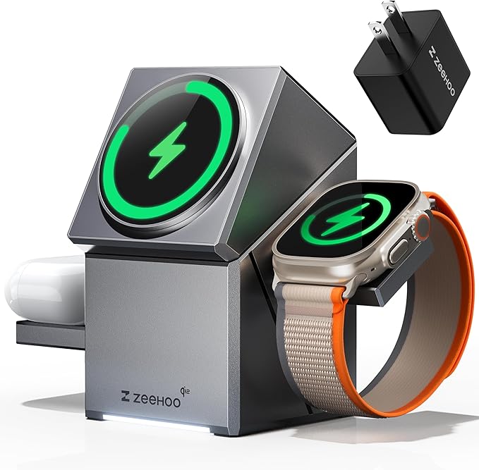 ZEEHOO 3 in 1 Charging Station for Apple, iPhone Mag-Safe Charger, Qi2 Certified, Rotating Wireless Charger Stand for iPhone 17,16,15,14,13,12 Series, Apple Watch, AirPods (USB-C Charger Included)