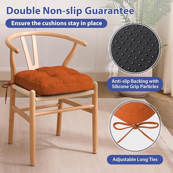 Chair Cushions for Dining Chairs, Dining Chair Cushions, Tufted Indoor Chair Pads with Ties & Non Slip Backing, Seat Cushions for Kitchen Chairs 16.5” x 16.5” x 3.5”, Set of 4, Orange