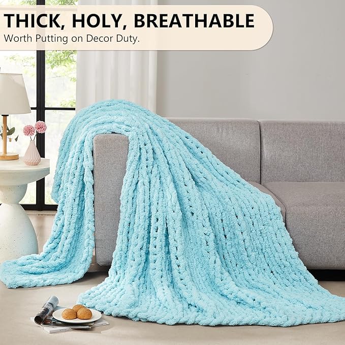 L'AGRATY Chunky Knit Blanket Throw - Soft Chenille Yarn Throw Blanket 40x50： Handmade Thick Cable Knit Crochet Blanke - Large Knit Blanket Chunky Rope Knot Throw Blanket for Couch Sofa Bed Home Decor