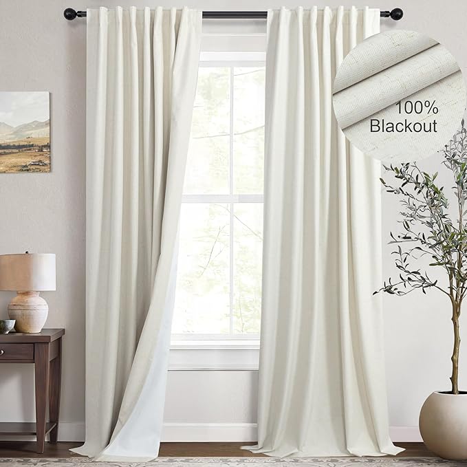 DANCURTON 104 Inch Long Curtains Black Out Floor to Ceiling Luxury Tall Curtains for Living Room Full Blackout Soundproof Heat Blocking Linen Window Back Tab Drapes 2 Panels Ivory Cream Room Divider