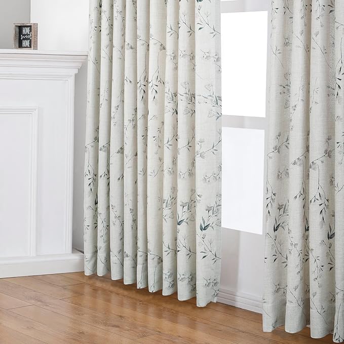Pinch Pleated Floral Linen Curtains, 52 Inch Wide by 82 Inch Long Printed Curtains for Privacy Light Filtering, Suitable for Living Rooms and Sunrooms.2 Panels