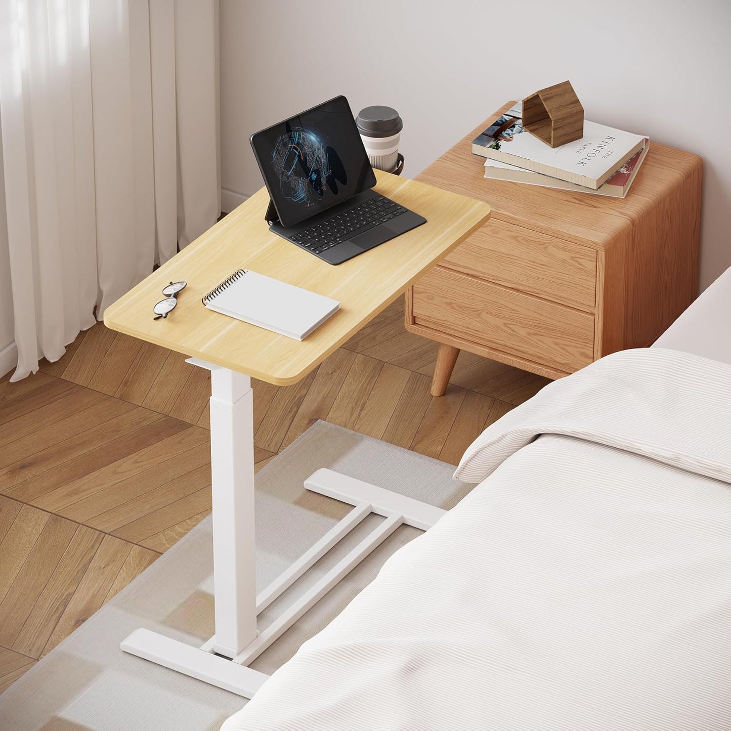 FLEXISPOT Mobile Standing Desk with Wheels Pneumatic Laptop Desk Rolling Computer Cart Movable Height Adjustable Small Sit Stand Desk Computer Workstations Home Use(31.5" W x 17.7" D, Maple)