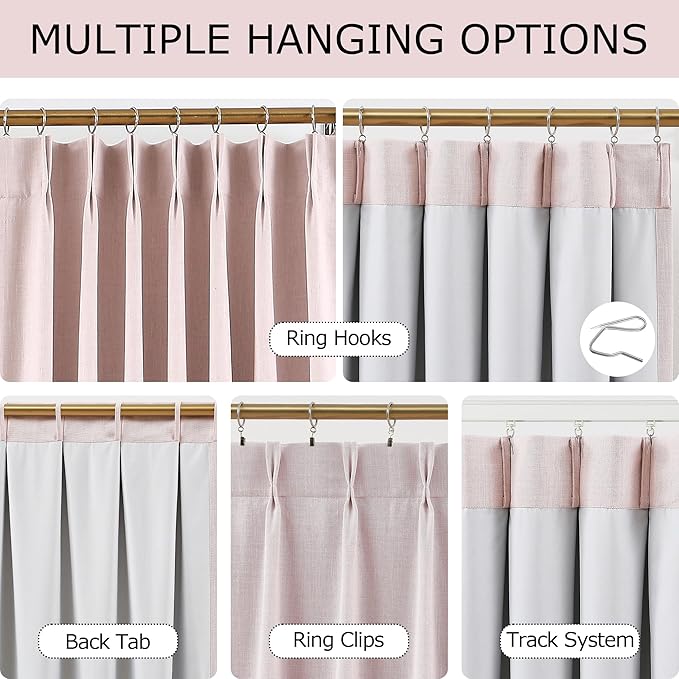 Vision Home Soft Pink Pinch Pleated Full Blackout Curtains Linen Blended Room Darkening Window Panels 84 inch for Living Room Bedroom Thermal Insulated Pinch Pleat Drapes with Hooks 60" Wx84 Lx1