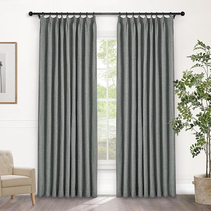 Macochico Pinch Pleated Blackout Curtains 102 Inches Long 100% Blackout Natural Linen Drapes for Bedroom Living Room Windows Farmhouse Burlap Curtains with Tieback 52”Wx102”L Mid Grey 1 Panel