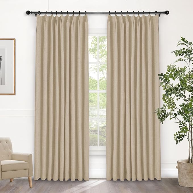Macochico 100% Blackout Pinch Pleated Linen Curtains 84 Inch Length Thermal Blackout Curtains for Bedroom Living Room Nursery Sand Beige Farmhouse Burlap Curtains with Tieback 52”Wx84”L 1 Panel