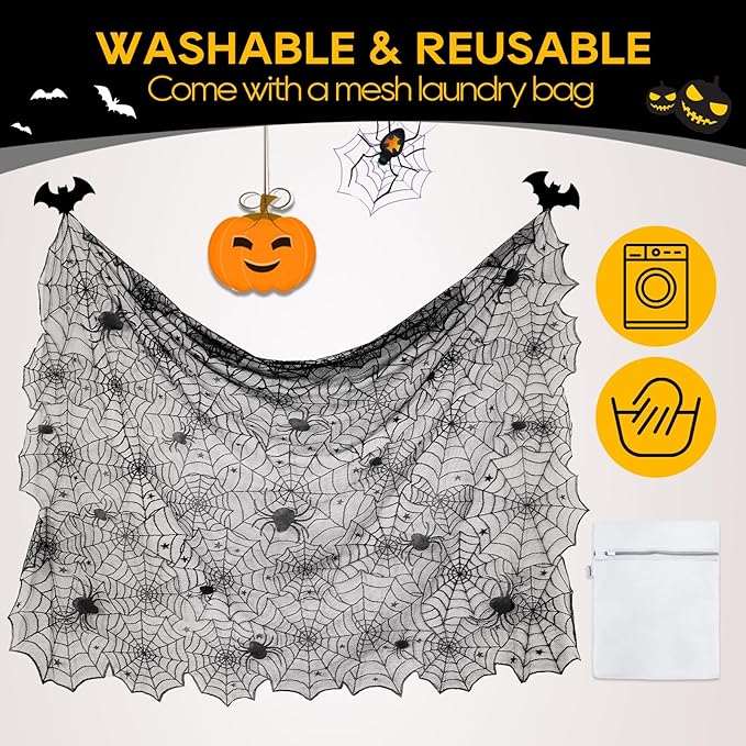 eZAKKA Halloween Table Cloth, 54" x 72" Spider Webs Tablecloths Black Tablecloth Lace Fabric Table Cloths Spooky Cover