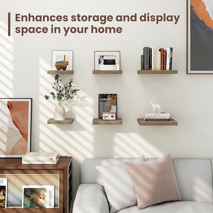 Fun Memories Square Floating Shelves for Wall - 12 Inch Deep Floating Shelves with Invisible Brackets, Grey Small Wall Shelf for Living Room, Bathroom, Bedroom, and Kitchen Decor，Set of 4
