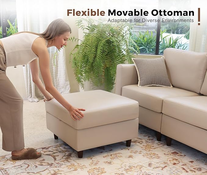 118.5" Faux Leather Modular Sectional Sofa, L Shaped Couch Set for Living Room, 5-Seater Comfy Cloud Couches with Movable Storage Ottoman,DIY Combination - Whitesand