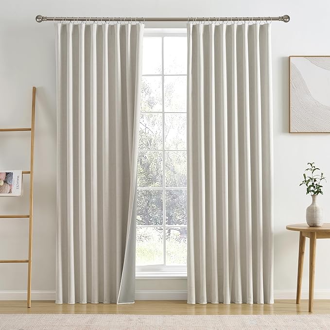 RAIN CITY 92 Inch Long Black Out Curtains 2 Panels Custom Drapery Neutral Blackout Pleated Ceiling Track Curtain for Dining Room Linen Textured Back Tab with Hooks 50"x92"
