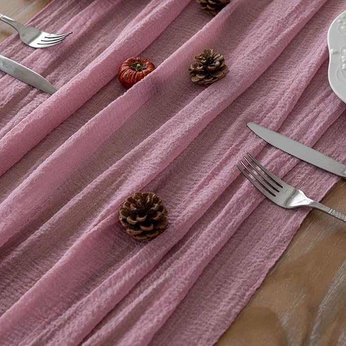 Table Runner Dusty Rose Cheesecloth Gauze 120 Inch 10 FT Rustic Boho Cheese Cloth Runner for Wedding Baby Shower Bridal Shower Garden Party Sheer Home Decorations