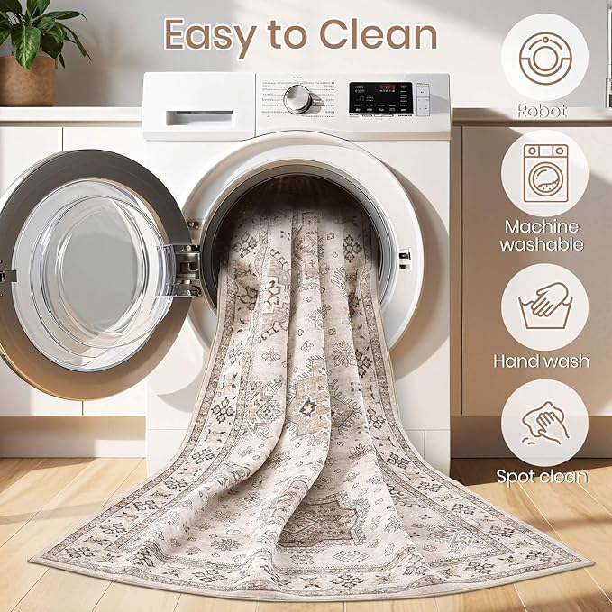 Washable Area Rugs for Living Room -10x12 Neutral Vintage Distressed Floral Farmhouse Boho Large Soft Floor Rug Indoor Non Slip Carpet for Living Room Bedroom Dining Room Office-Beige Brown