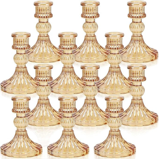 Candlestick Holders Set, 4" H Taper Candle Holders Bulk, 12Pcs Gold Glass Candle Holders for Wedding, Festival, Party & Windowsill Decor