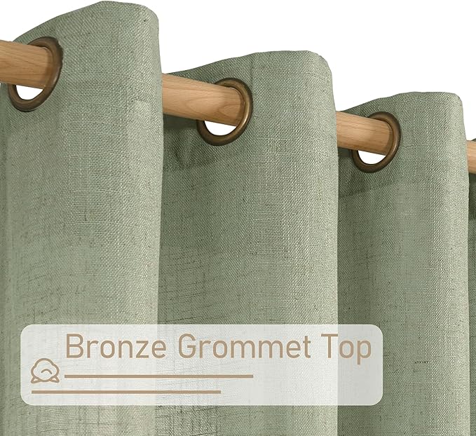 LAMIT Sage Green Linen Curtains for Windows 2 Panels Set, 48 Inch Linen Textured Light Filtering Drapes Bronze Grommet Boho Panels for Farmhouse/RV Camper/Loft, 34 x 48 Inch