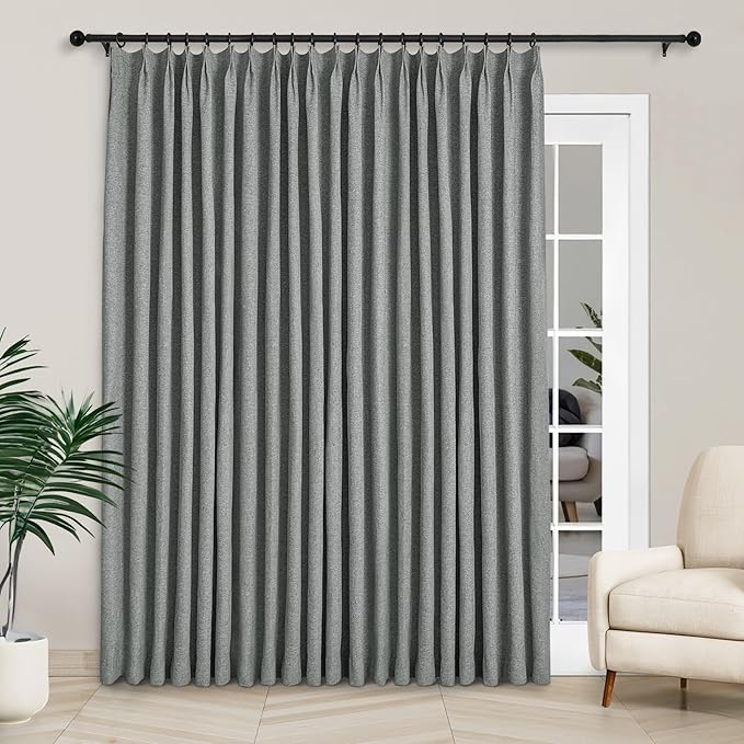 Macochico 100”Wx102”L 100% Blackout Pinch Pleated Linen Curtains for Sliding Door Bedroom Living Room Farmhouse Thermal Insulated Mid Grey Burlap Drapes with Tieback 1 Panel Shabby Chic Style