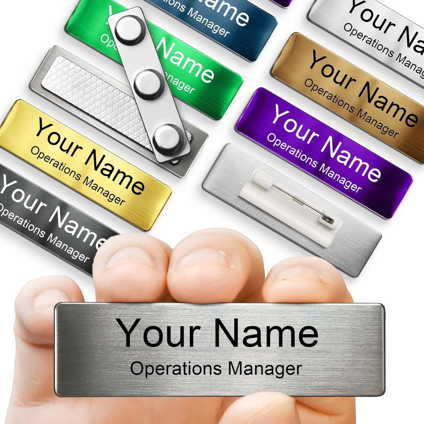 Engraved Personalized Name Tags with Magnet Clip or Pin - Stainless Steel Metal Custom Magnetic Name ID Badge Tag for School Teacher, Kids, Business Work Lable Sign Employee Name Plate (Pin)