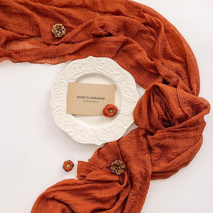 Keketo Fall Table Runner Terracotta Rust Gauze 120 Inch 10 FT Rustic Burnt Orange Cheese Cloth for Wedding Baby Bridal Shower Party Centerpiece Sheer Thanksgiving Fall Decorations for Home