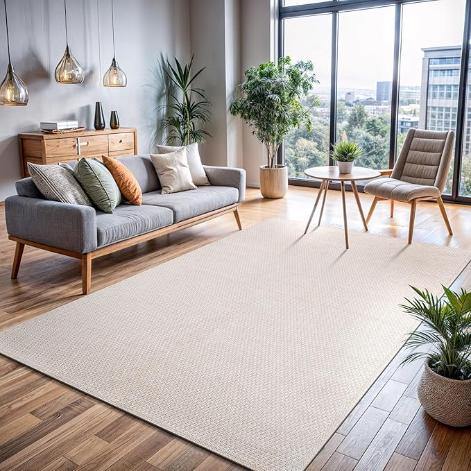 CAMILSON Easy Jute Rug 8x10, Indoor Outdoor Off-White Farmhouse Area Rugs for Living Room Patio and Kitchen Rug, Solid Woven Design, Easy-Cleaning, Non Slip Washable Outside Carpet Alfombras (8 x 10)