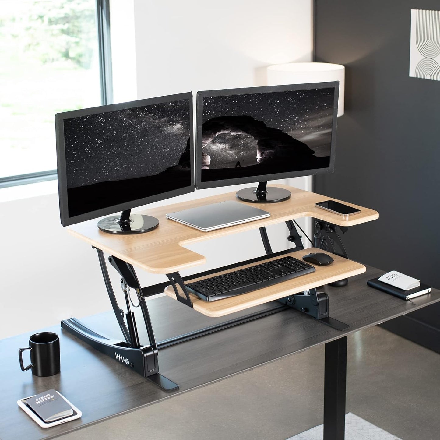 VIVO 36 inch Height Adjustable Stand Up Desk Converter, V Series, Quick Sit to Stand Tabletop Dual Monitor Riser Workstation, Light Wood Top, Black Frame, DESK-V000VO