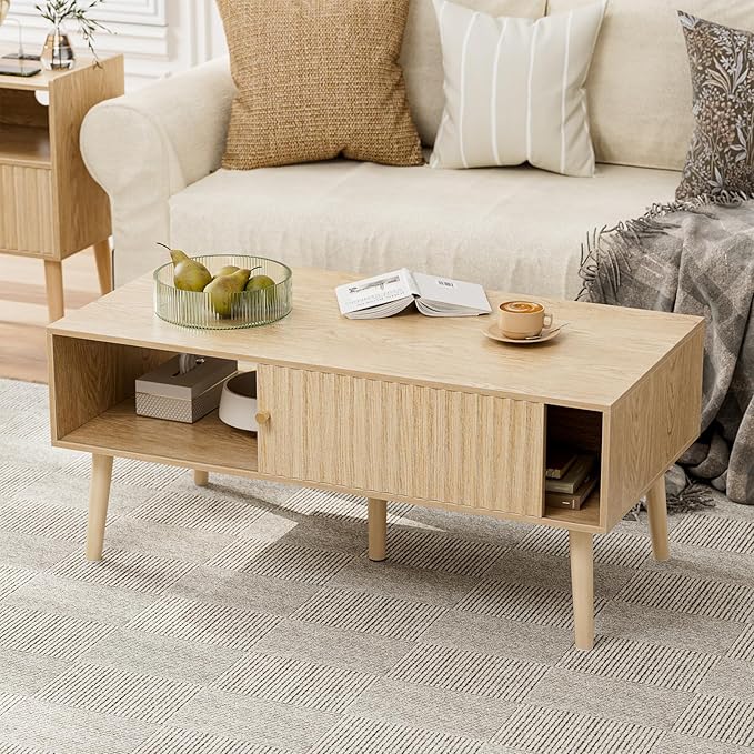 Coffee Table with Storage, Boho Dining Table with Sliding Fluted Door and Solid Wood Legs, Small Coffee Tables for Living Room, Oak