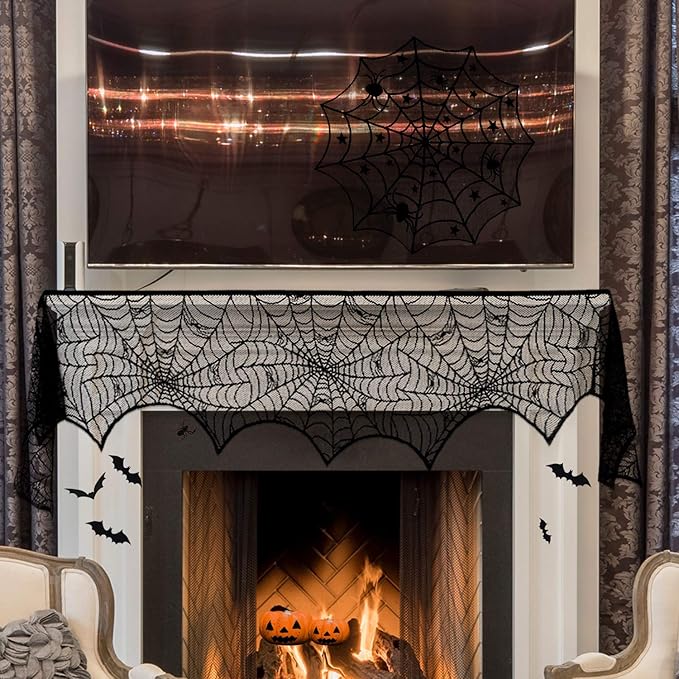 ZeeDix 39 Pcs Halloween Decorations Kit Black Lace Spiderweb Round Tablecloth Table Runner, Giant Spider Cobweb Fireplace Scarf with 36PCS Scary 3D Bats Wall Stickers for Halloween Party Decor