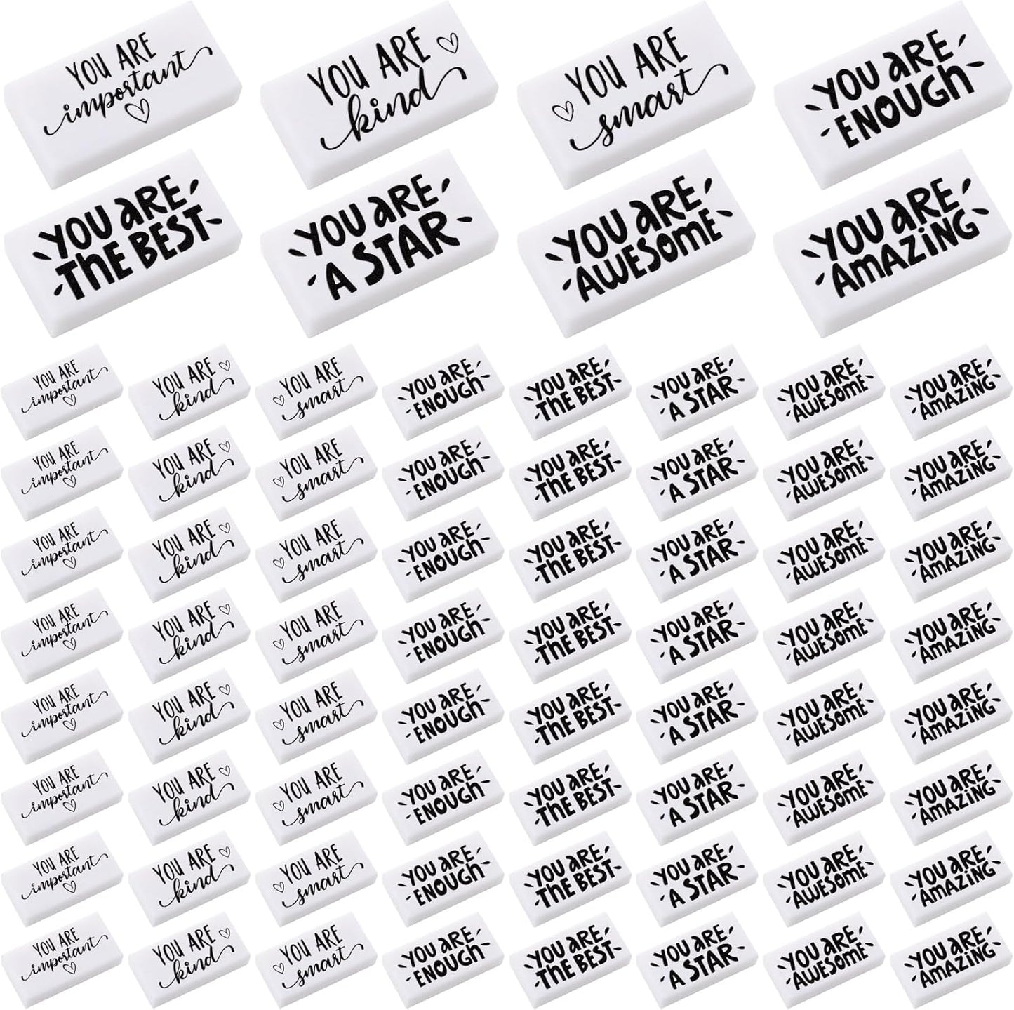 PerKoop 50 Pcs Back to School Inspirational Small Pencil Erasers Bulk for Kids, White Cute Fun Motivational Erasers Gifts for Teachers Students Classroom Reward First Day of School Supplies