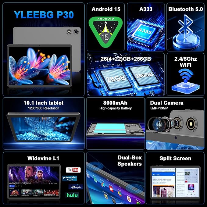10 Inch Android 15 Tablet with Keyboard, 26GB RAM+256GB ROM(2TB Expand), 2-in-1 Tablet with 8000mAh Battery, 2.4G/5G WiFi, Widevine L1, Dual Camera, Split Screen, Mouse, Stylus, Case(Silver Case)
