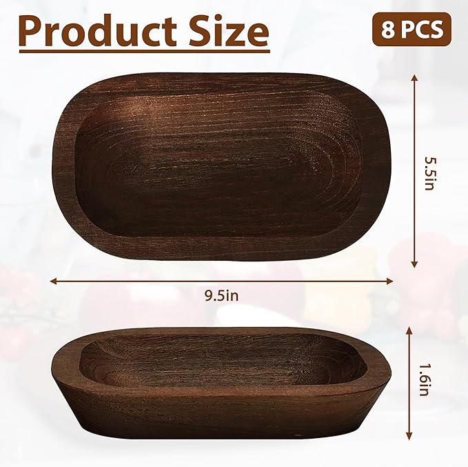 Royxen 8 Pack Wood Dough Bowl, Wooden Dough Bowls Paulownia, Rustic Bowl Vintage, Bowls for Candle (Brown, 9.7" x 6")