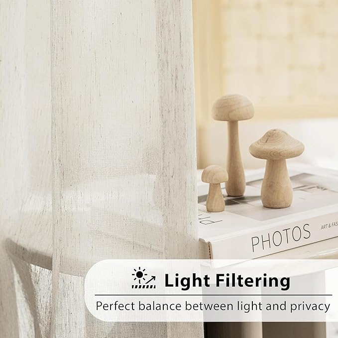 FMFUNCTEX Linen Sheer Curtains for Living Room, Beige Curtains 90 inches Long for Bedroom, Natural Flax Blend Window Draperies for Farmhouse Curtain, Rod Pocket 2 Panels