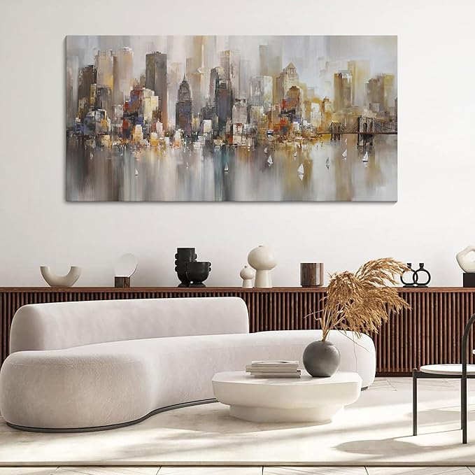 New York City Wall Art - Modern Abstract Wall Art for Living Room, Office & Bedroom Cityscape & Paintings for Bedroom brooklyn bridge Wall Art Pictures Wall Decor Chicago Artwork for Walls 29×58IN