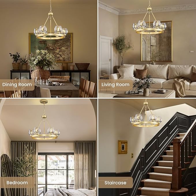 Gold Wagon Wheel Chandelier, 24 Inch Brass Chandeliers with Unique Glass Shade, 6-Light Crystal Farmhouse Wagon Wheel Chandeliers for Dining Room, Round Chandelier for Living Room, Foyer, Entryway